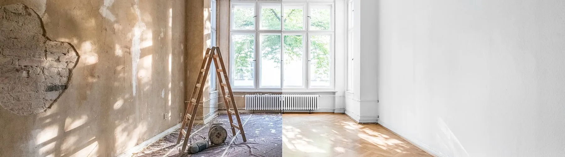 An empty room mid-renovation with a ladder against the wall
